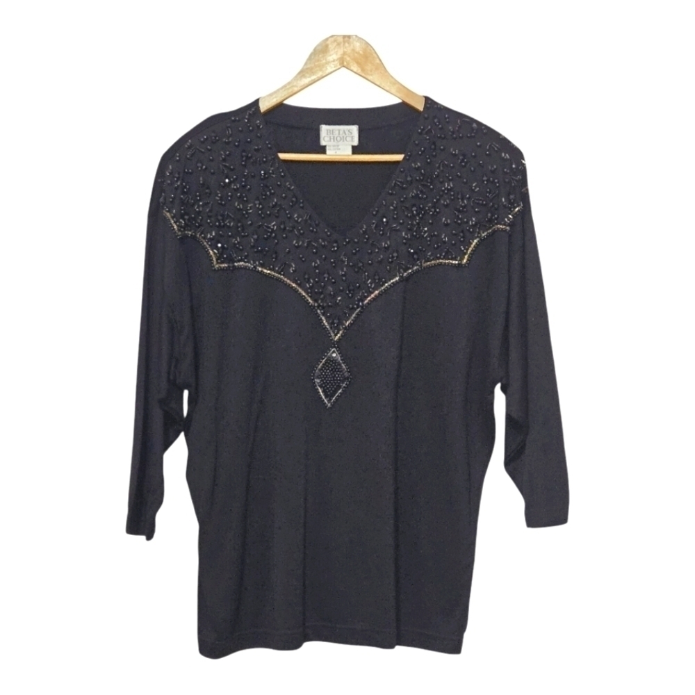 Vintage Beta's Choice Beaded 3/4 Sleeve  Black Top